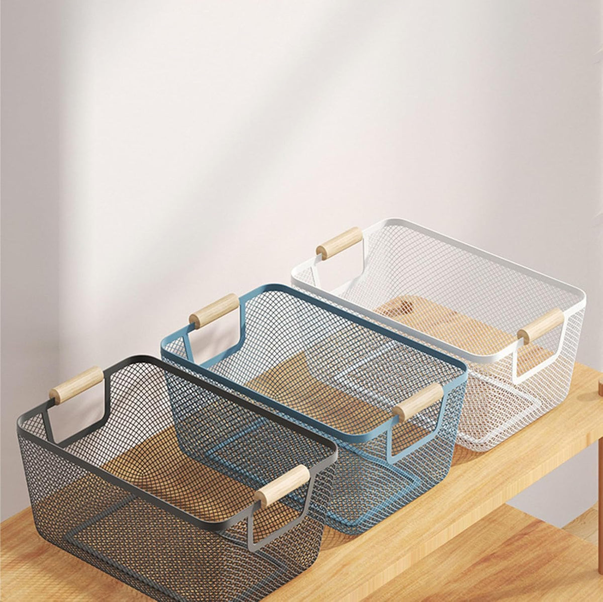 Metal Mesh Steel Basket, Large Wire Storage Organizer Basket Multi-function Hanging Kitchen Baskets with Wood Handle for Kitchen Bathroom Picnic Home, Rectangle-Blue