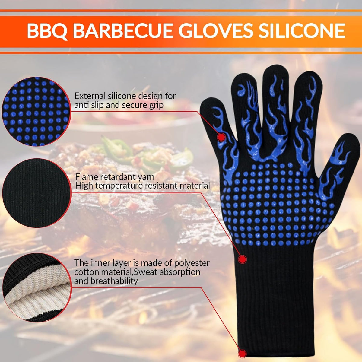 1 Pair Grill Oven Mitts, 1472°F Heat Resistant BBQ Gloves for Cooking, Non-Slip Silicone Oven Gloves, Barbecue Grill Gloves BBQ Mitts (Blue-Flame Pattern)