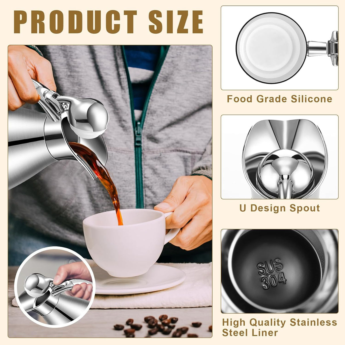 Uiifan 2 Pcs 68 oz Thermal Coffee Carafe Insulated Stainless Steel Coffee Carafe for Hot Liquids Vacuum Thermal Pot Creamer Dispenser with Brushes Keeping Hot Tea Milk Water(Black, Silver)