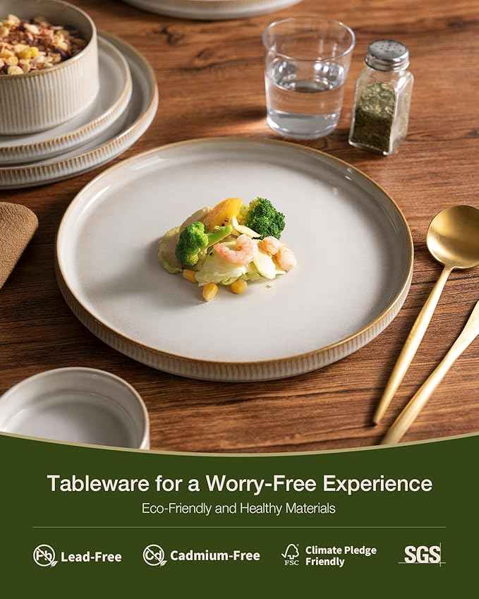 Famiware Star Dinnerware Set with Mugs, Service for 6 (24 Pieces), Ribbed Stoneware Plates and Bowls Dishes Sets - Chip & Scratch Resistant, Microwave & Dishwasher Safe, Cappuccino White