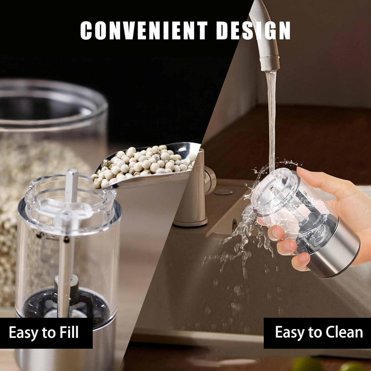 Electric Salt and Pepper Grinder Set, Rechargeable Automatic Pepper Mill Grinder with Led Light, One Hand Operation, Adjustable Coarseness, USB-C Recharging, Refillable, 95ml, Silver(2 Pack)