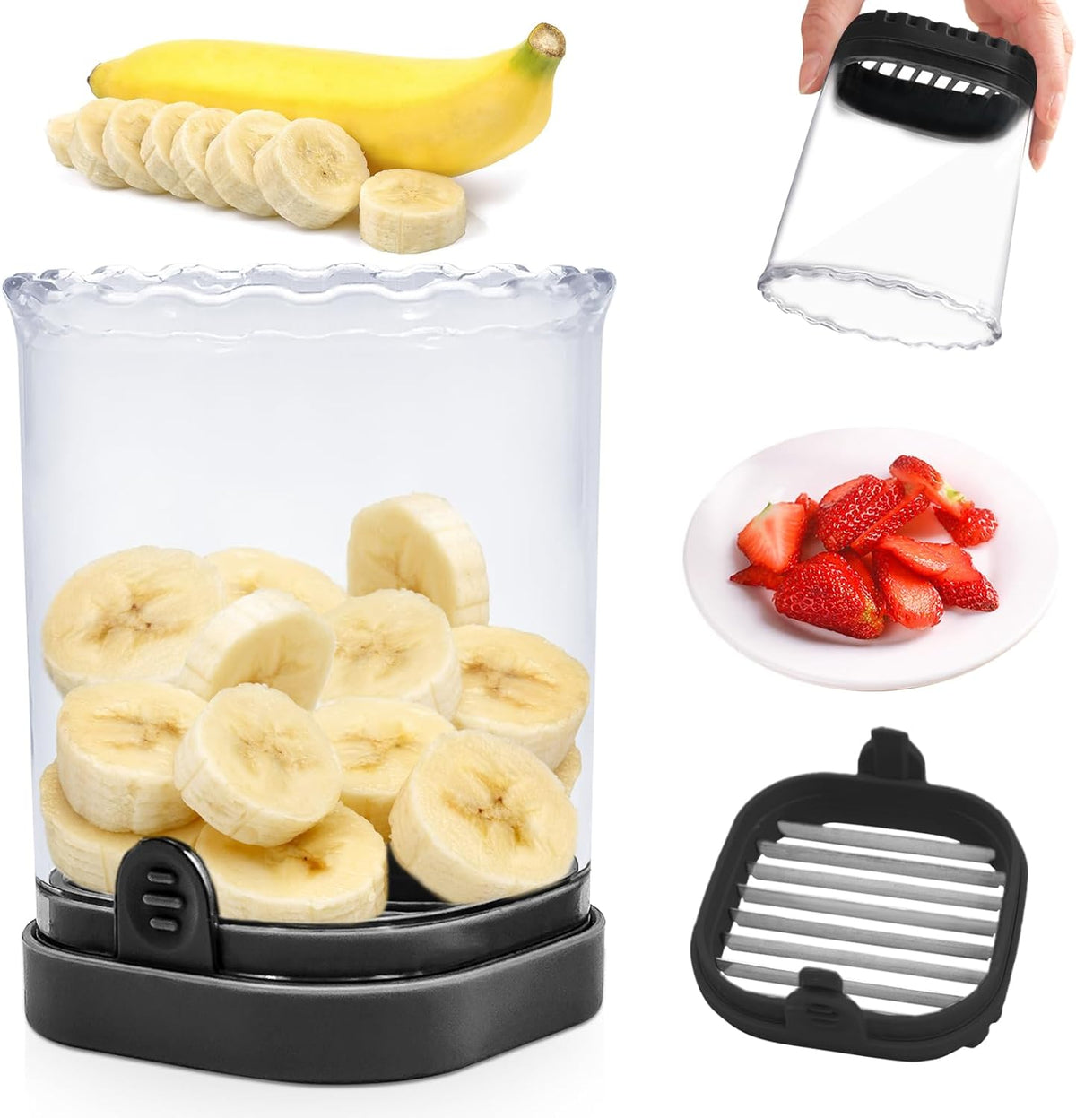 Fruit Slicer Cup: Strawberry Slicer, Strawberries Cutter Cup, Speed Cutter for Banana Grape Egg Kitchen Portable Slicing Tool(Black)