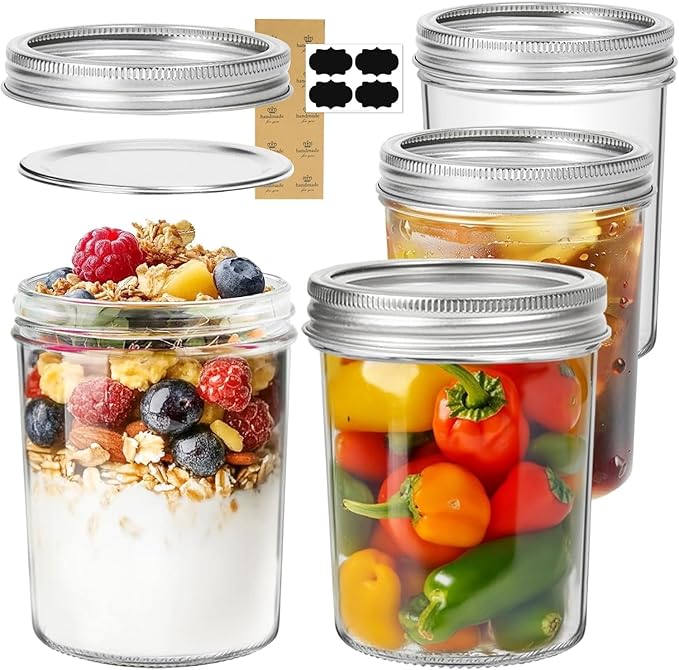 ComSaf Wide Mouth Mason Jars 16 oz with lids - 4 Pack, Pint Mason Jars with Seal Bands, Glass Canning Jars for Honey, Jam, Jelly, Coffee, Salad, Desert, Shower Wedding Favors, DIY Candles Decor