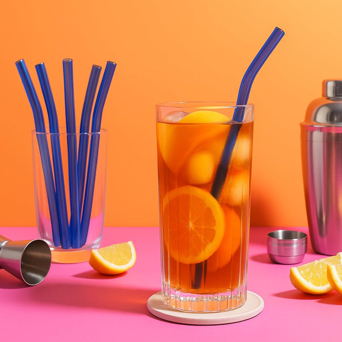 12 Pcs Reusable Glass Straws 8"x 8 mm Bent Glass Drinking Straws with Cleaning Brush for Tea, Smoothies, Milkshakes, Juices,Beverages(dark blue)