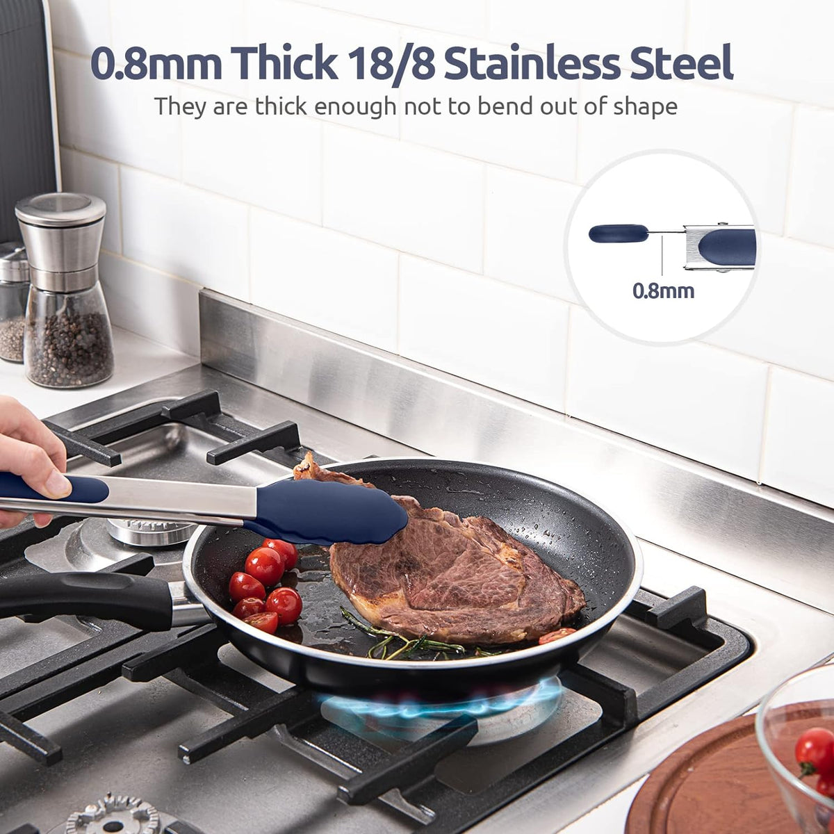 600ºF Heat Resistant Kitchen Tongs: U-Taste 7/9/12 inch Silicone Cooking Tong Set with Non Stick Rubber Tips and Silicon Coated 18/8 Stainless Steel Handle for Serving Grilling Salad(Midnight Blue)