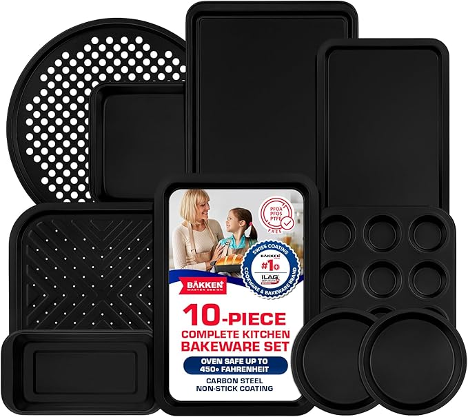 Baking Set – 10 Piece – Deluxe Non Stick Black Coating Inside and Outside – Carbon Steel Bakeware Set – PFOA PFOS and PTFE Free by Bakken
