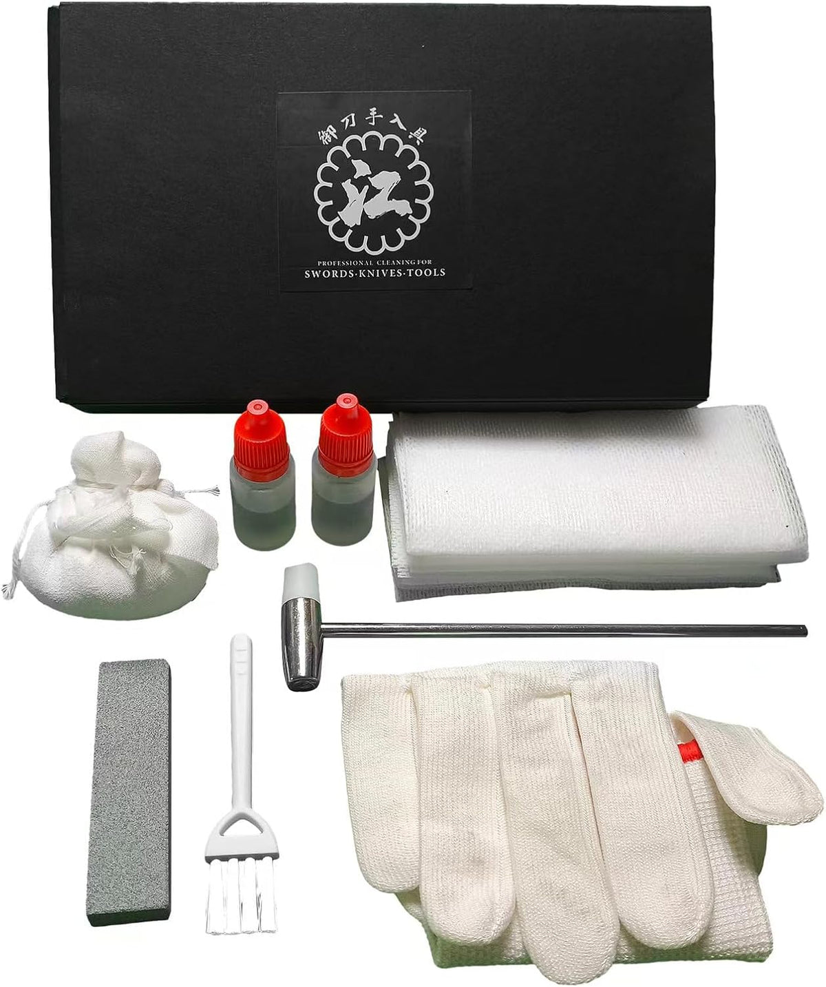 Katana Cleaning Set, Katana Maintenance Kit with Sword Oil, Cleaning Powder, Clean Wiper, Hammer, Brush, Sharpening Stone and Glove, Gift for Men