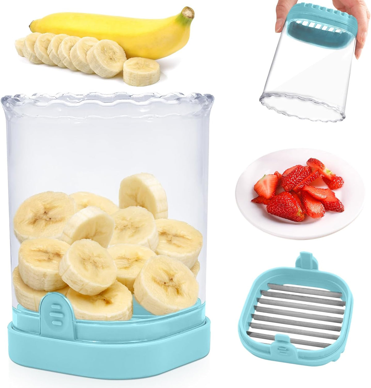 Fruit Slicer Cup: Strawberry Slicer, Strawberries Cutter Cup, Speed Cutter for Banana Grape Egg Kitchen Portable Slicing Tool(Light Blue)