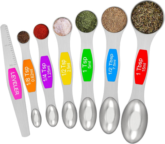 Magnetic Measuring Spoons Set - Wildone Stainless Steel Double Sided Measuring Spoons Set of 7, for Dry and Liquid Ingredients, including 6 Heavy Duty Nesting Spoons, 1 Leveler, Fits in Spice Jar