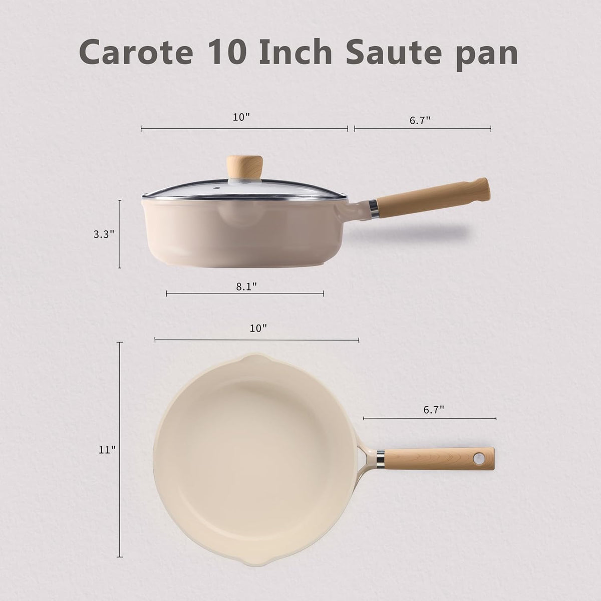 CAROTE 10" Ceramic Saute Pan wilt Lid, Non Stick Frying Pan Skillet Chef's Pan, Healthy & PFOA/PFAS Free, Induction-Compatible, Taupe
