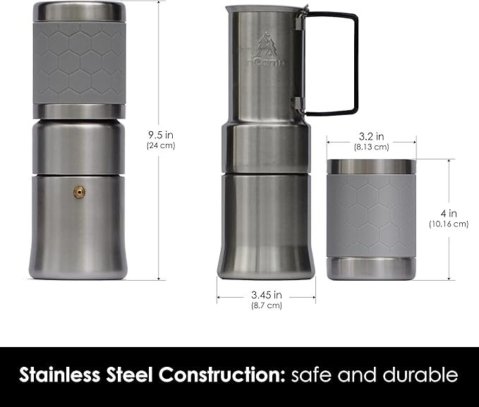 nCamp - Café, Portable Coffee Maker, Portable Espresso Machine, Compact Camping Coffee Maker, Stainless Steel Travel Coffee Maker with Camping Coffee Cup, Reusable, 12 oz