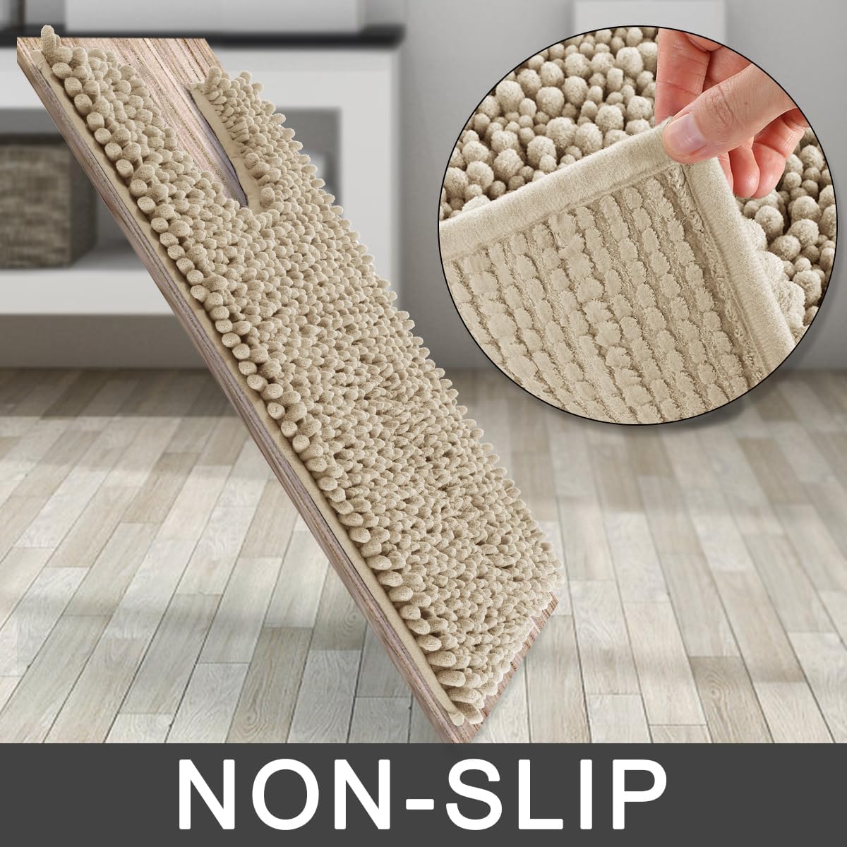 Yimobra Toilet Rug U Shaped Washable 24x20 Inch - Ultra Soft Absorbent Chenille Bath Rugs for Toilet, Quick Dry & Machine Washable, Non Slip Contour Bathroom Mat, Pale Khaki