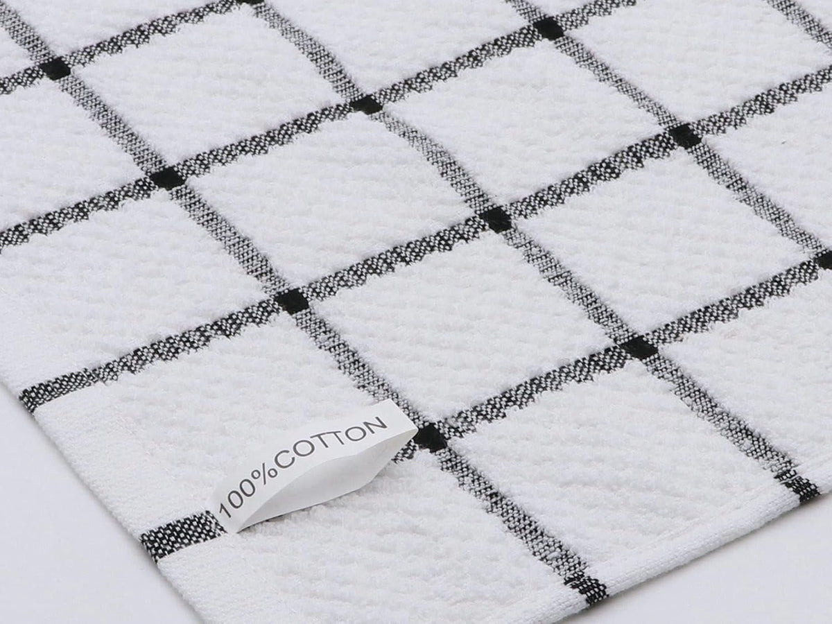 Cotton Grid Dish Cloths, Terry Cleaning Rags, 12 x 12 Inches, Light and Soft, Quick Drying Dish Rags, 8pc/Set (Black Multi)