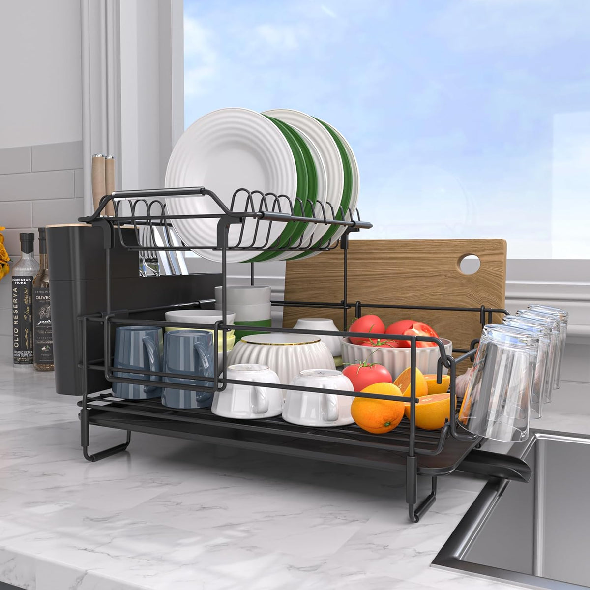 Runnatal 2-Tier Dish Drying Rack with Drainboard Set, Stainless Steel Detachable 2-in-1 Large-Capacity 2-Tier Over The Sink Anti-Rust Dish Rack and Dish Drainer for All Kitchen
