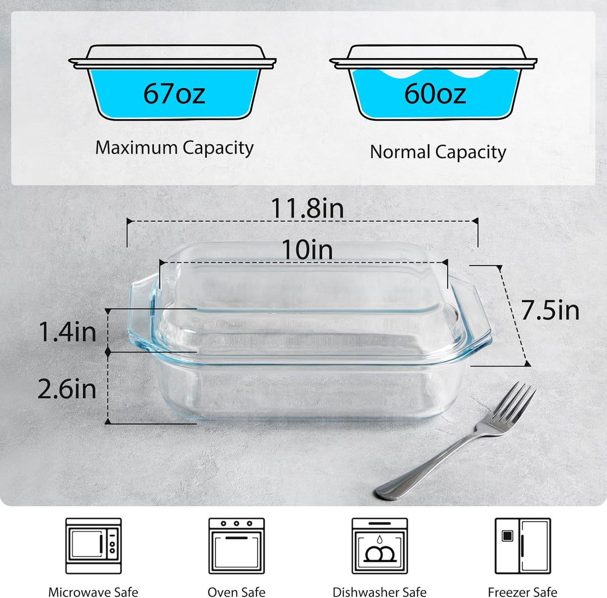 NUTRIUPS 2 QT Rectangular Glass Casserole Dish With Lid, (11.8×7.5×4in) Glass Casserole Dish for Oven
