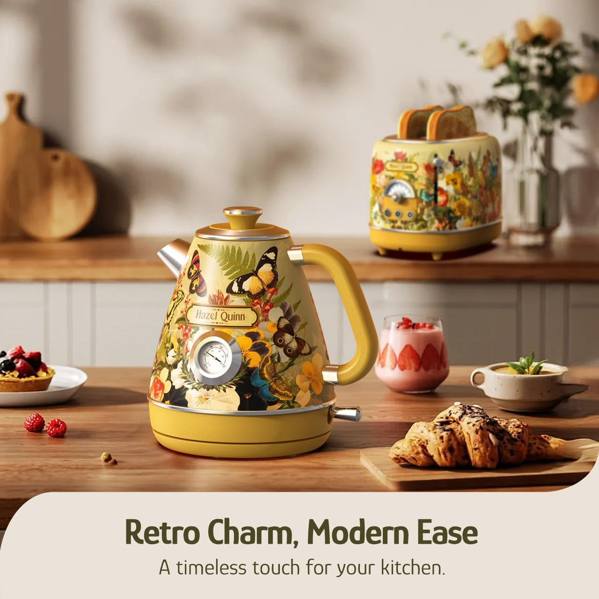 Hazel Quinn X Eduardo Recife Electric Kettle - 1200W Fast Water Boiling, 1.7L/57oz, All 304 Stainless Steel Interior, BPA-Free, Auto Shut-Off, Cordless Retro Teapot with Thermometer - Floral Patterned