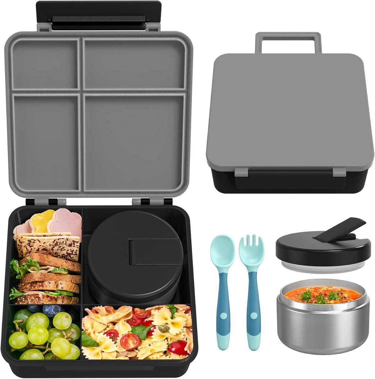 Bento Lunch Box with 8oz Soup Thermo, Leak-Proof Lunch Containers with 4 Compartment, Thermo Hot Food Jar and Insulated Lunch Box for School Black