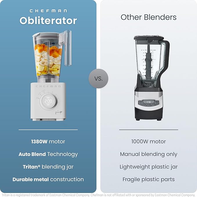 Chefman Obliterator 48 oz Countertop Blender for Smoothies, 1380W Motor to Crush Ice, Nuts, and Frozen Fruit with Stainless Steel Blade, Auto Blend Function, Includes 20 oz Travel Jar