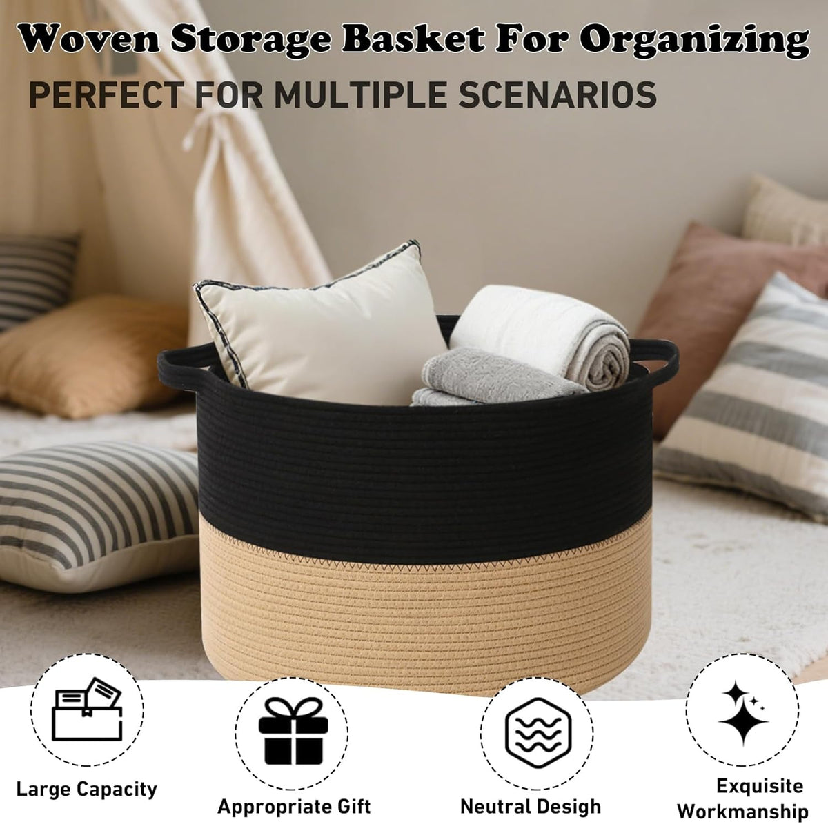 Large Blanket Basket for Organizing,65L Closet Organizers and Storage Bins Box for Shelves Woven Rope Storage Baskets,Living Room,Bedroom,Dorm,Laundry room (Black&Camel)