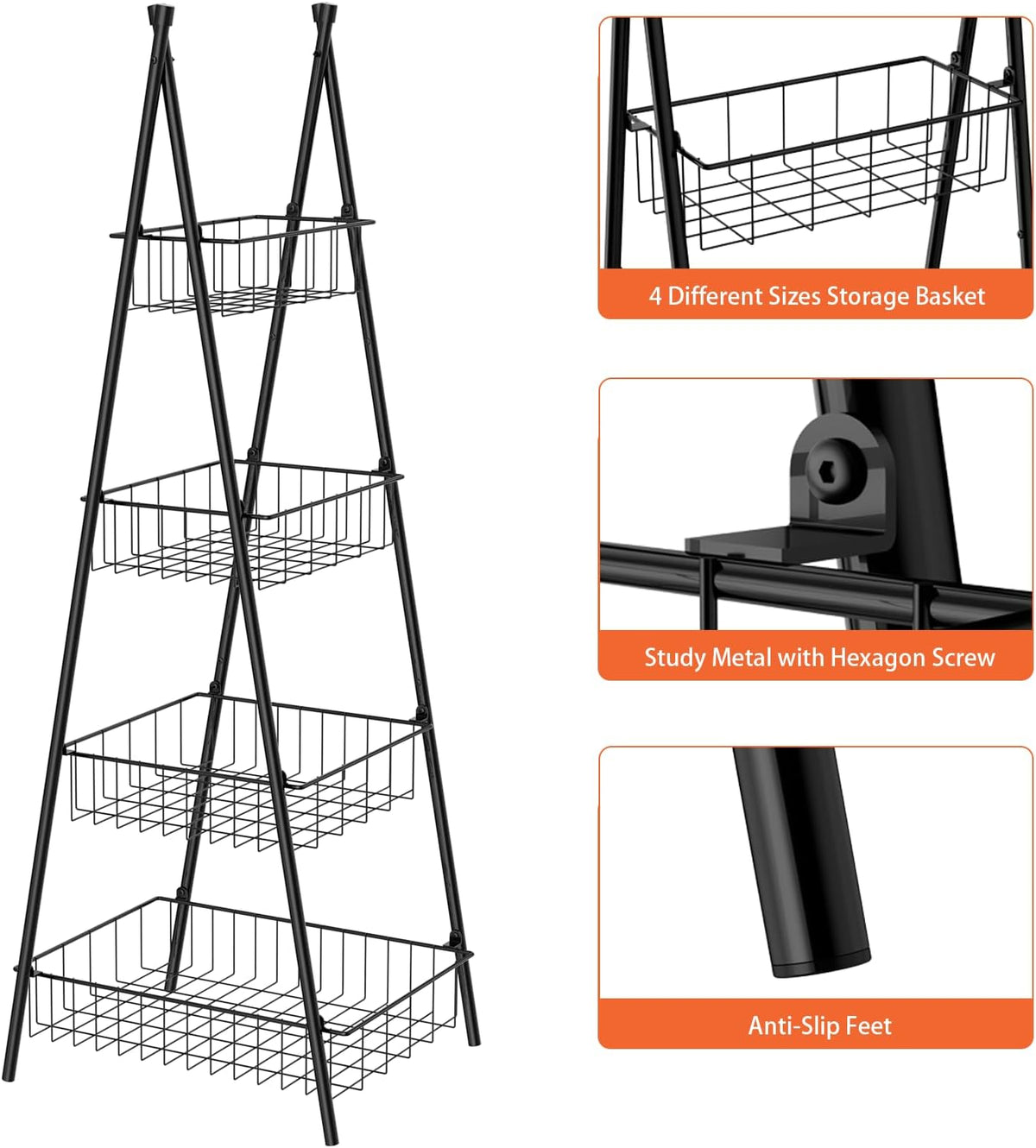 Wire Basket Stand for Kitchen and Bathroom 4 Tier Fruit Storage Basket Metal Floor Standing Vegetable Holder, Black