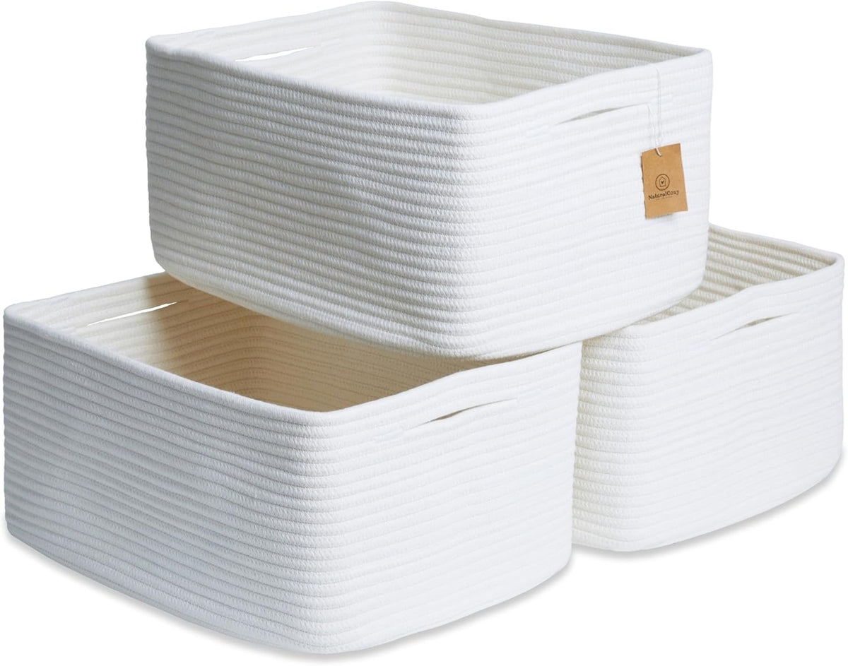 NaturalCozy Storage Baskets 16.8”x13”x7.6” Cotton Rope Woven Baskets for Organizing 3-Pack | Toy Storage Bins | Basket for Shelves, Laundry, Blanket, Clothes, Closet, Kitchen, Bathroom, Gifts