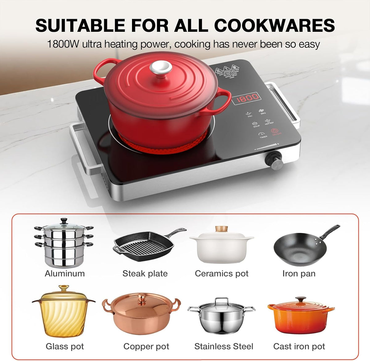 Electric Cooktop,Portable Electric Cooktop 1800W Single Burner Stove with Plug,Hot Plate Countertop,110V-120V Infrared Burner,Child Safety Lock,Timer,Touch and Knob Control