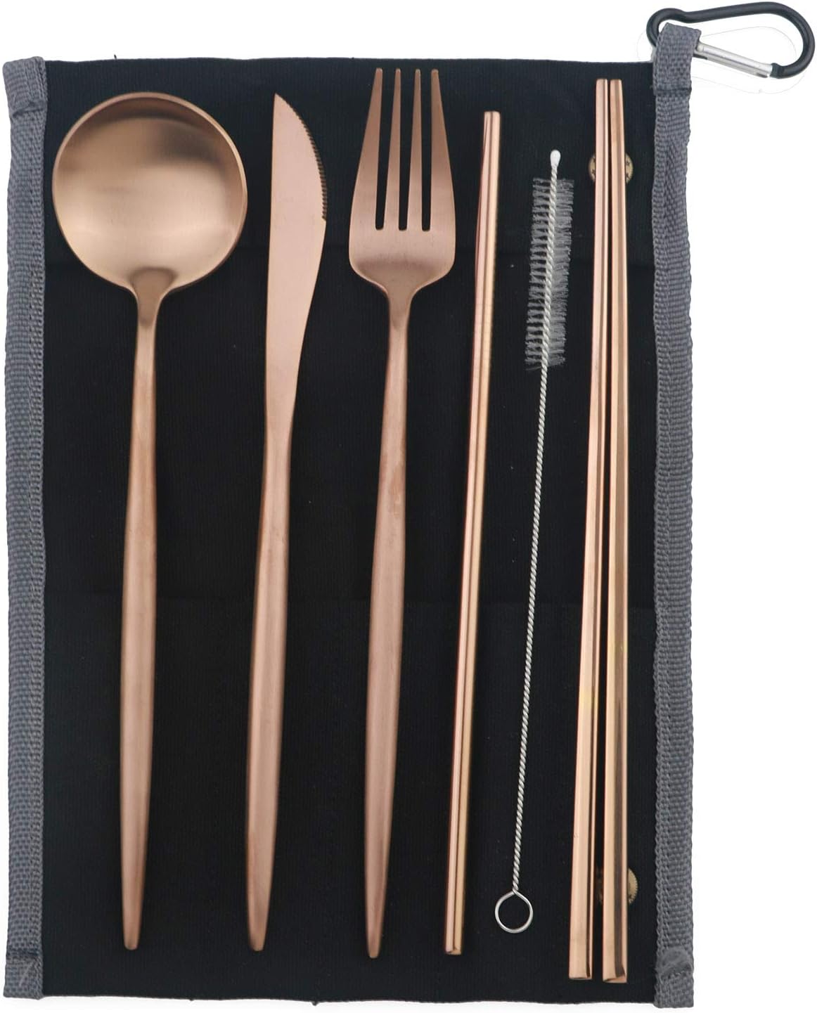 Portable 6 Pieces Flatware Set, 304 Stainless Steel Knife, Fork, Spoon, Chopsticks, Metal Straw, Cleaning Brush, Durable Travel Cutlery Set, Black Pouch Bag, Rose Gold