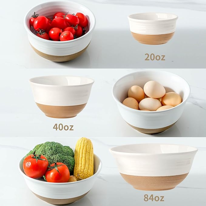 Ceramic Bowls Set, Large Mixing Bowls Set of 3 for Cooking, Baking, Prepping, Nesting, Stoneware Serving Bread Bowls for Kitchen, 2.1/1.0/0.5 Qt, Oven, Dishwasher, Microwave Safe, White