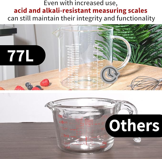 77L Glass Measuring Cup, [Insulated handle, V-Shaped Spout], High Borosilicate Glass Measuring Cup for Kitchen or Restaurant, Easy To Read, 2000 ML (2 Liter, 8 Cup)