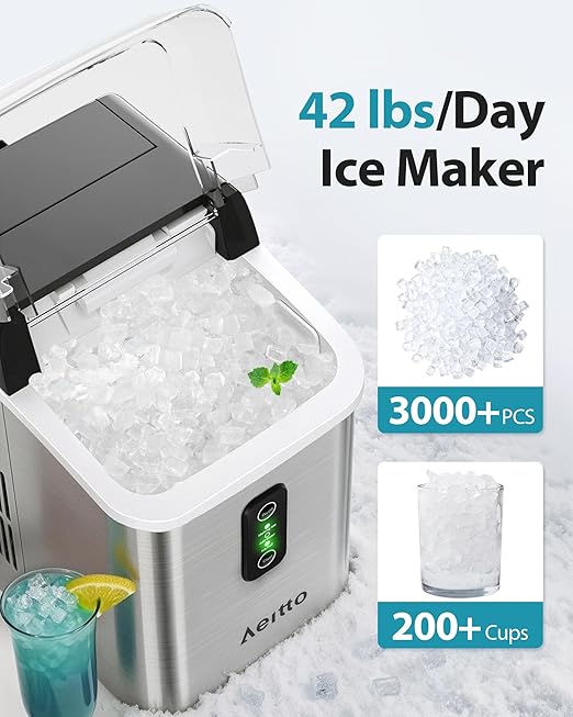 Aeitto Nugget Ice Maker Countertop, 42lbs/24H Ice Machine with 1.5L Water Tank, Rapid Ice Release in 6 Mins, Self-Cleaning Pebble Ice Maker with Basket and Scoop for Home Office RV and Party, Silver