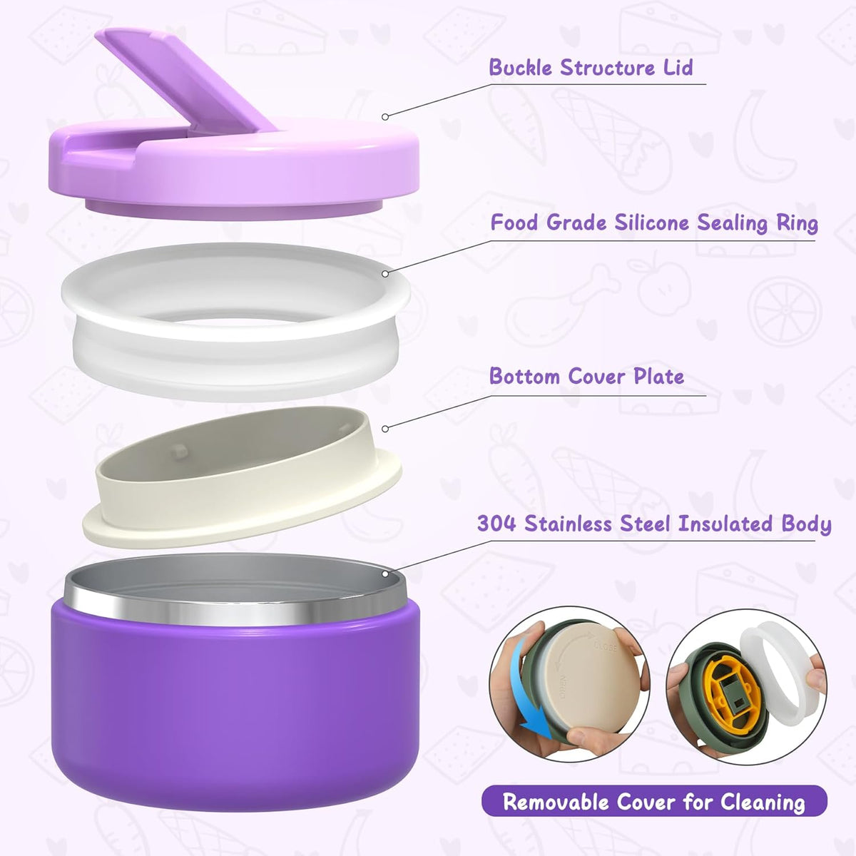 Bento Lunch Box with 8oz Soup Thermo, Leak-Proof Lunch Containers with 4 Compartment, Thermo Hot Food Jar and Insulated Lunch Box for School Purple