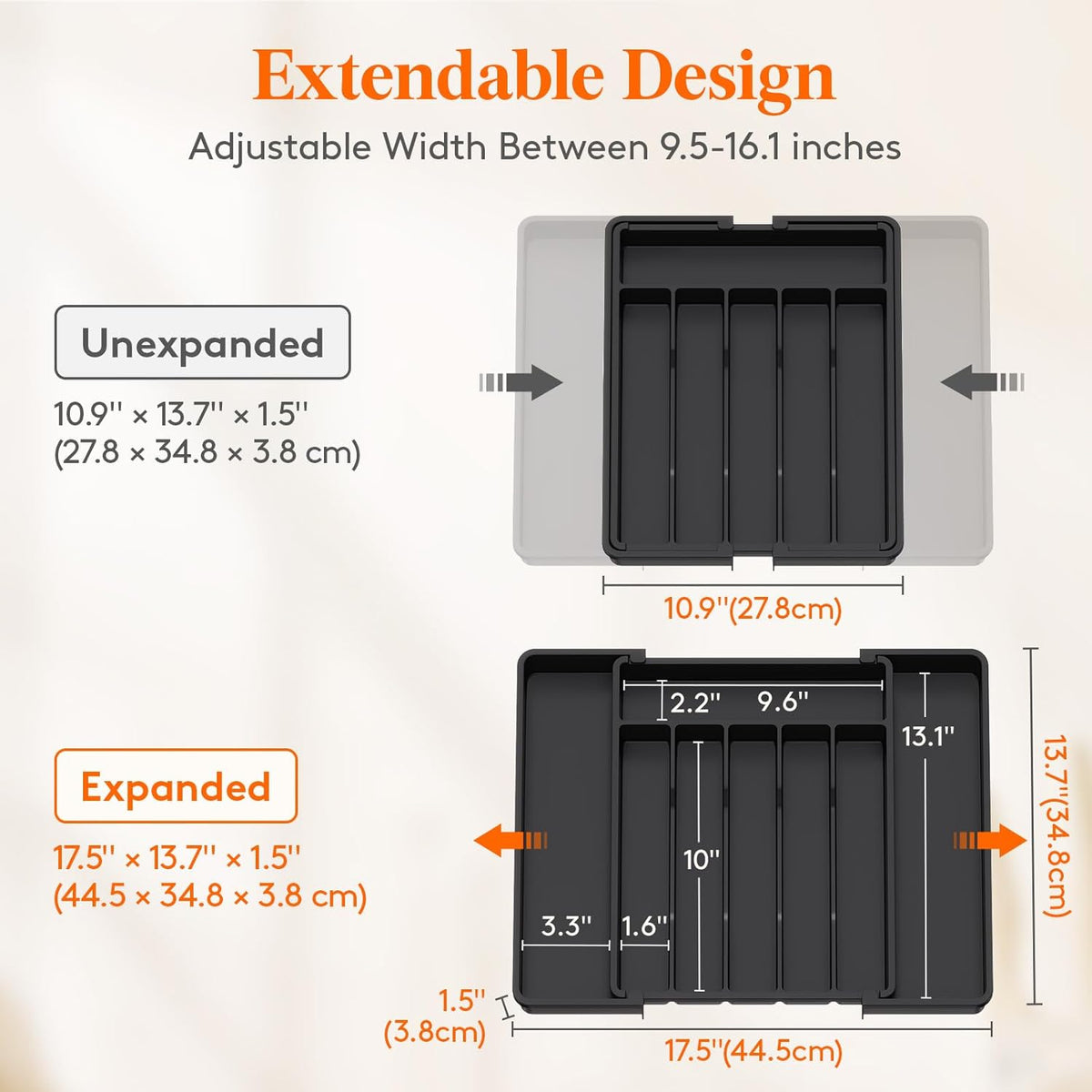 Lifewit Silverware Drawer Organizer, Expandable from 11 to 18 inches, Utensil Tray for Kitchen, BPA Free Flatware Cutlery Holder, Adjustable Plastic Storage for Spoons Forks Knives, Large, Black