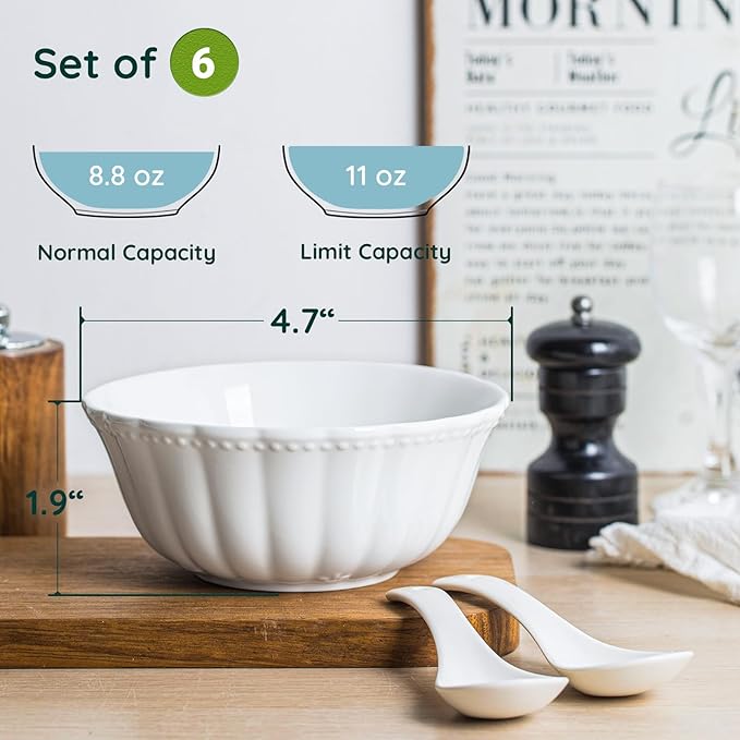 White Porcelain Fruit Bowls, 4.7 Inch Serving Bowls,Ice Cream Bowl, Kitchen Bowl Set, Microwave and Dishwasher Safe, Set of 6