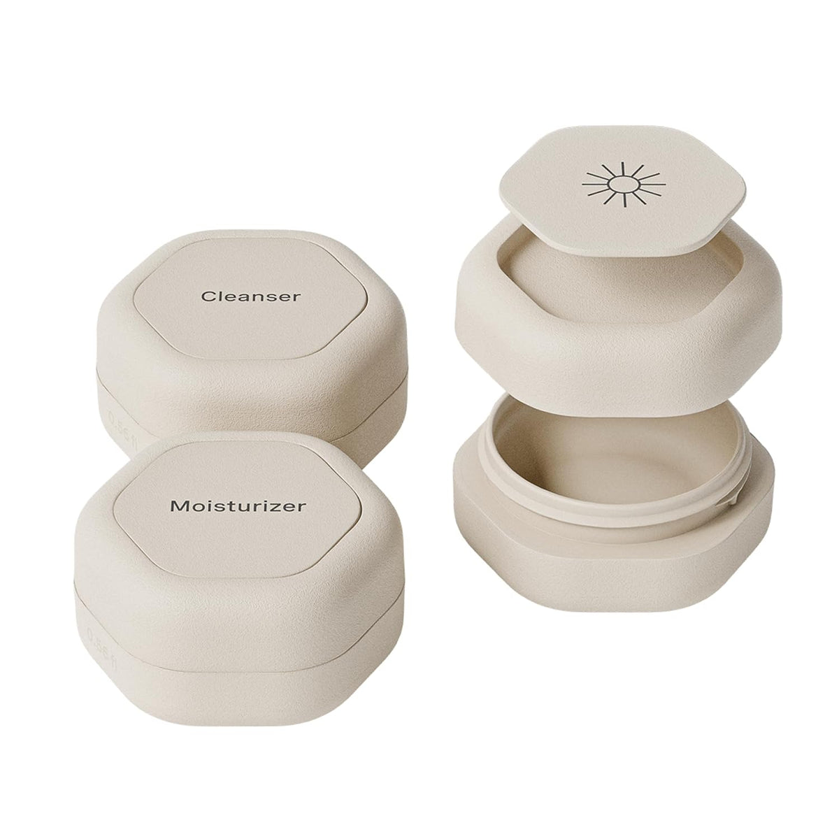 Cadence Travel Containers Basic Skincare Set - Magnetic Containers with Lids,Carry On Travel Essentials For Women/Men - 3 Small Capsules (0.56oz) - Cleanser, Moisturizer & Sun-Icon Labels - Sand