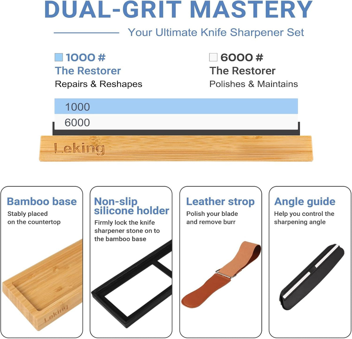 Leking Professional Knife Sharpener & Sharpening Stone Set: 1000/6000 Grit Dual-Sided Whetstone(7"x2.4"x1.2") with Bamboo Base, Non-Slip Silicone Holder, Angle Guide & Leather Strop Kit