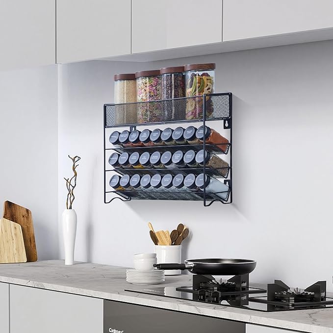 Spice Rack Organizer with 27 Spice Jars with Black Lids, Funnel, Spice Labels, Pen, Seasoning Organizer for Cabinet, Countertop, Pantry, Kitchen,Cupboard or Door & Wall Mount