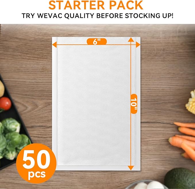 Wevac Vacuum Sealer Bags – 50 Count (6″×10″), Heavy-Duty BPA-Free Food Storage Bags, Puncture-Resistant, Freezer & Sous Vide Safe, Compatible with All Vacuum Sealers