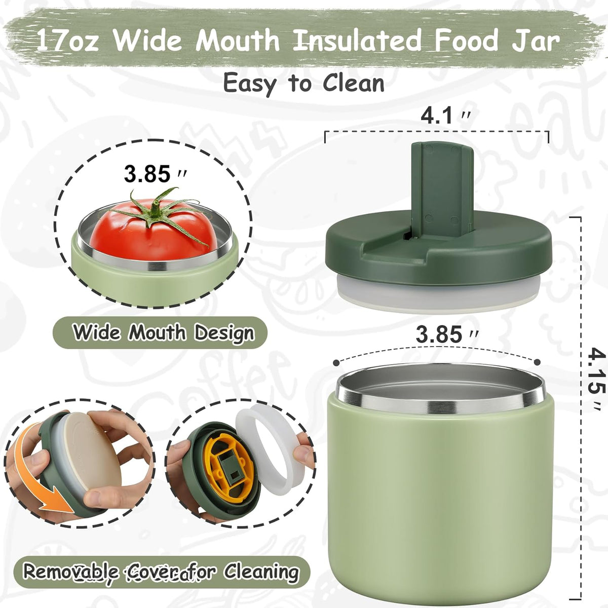 19oz Insulated Vacuum Food Jar with Buckle Lid Wide Mouth Soup Thermo for Hot Food Kids Leakproof Stainless Steel Lunch Container- Green-1Pack