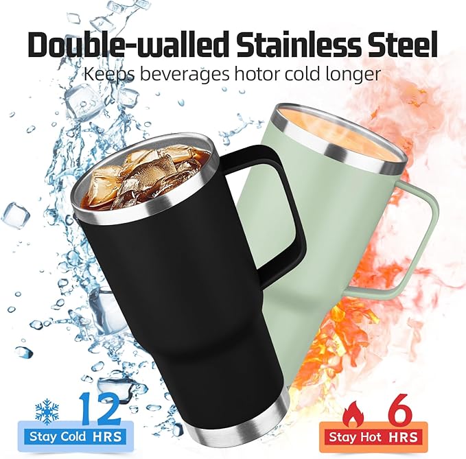 20 oz Tumbler with Handle Stainless Steel Insulated Coffee Mug Tumbler with Lid and Straw Double Wall Vacuum Insulated Coffee Mug Leak Proof Travel Mug Tumbler for Hot and Cold Drink (Black,1pack)