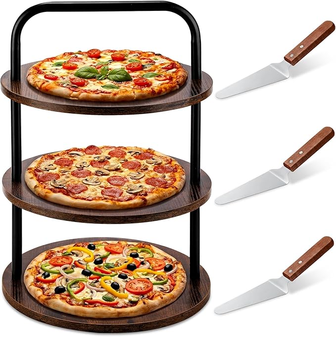 4 Pcs Wooden Pizza Stands Tiered Serving Tray Stand with 3 Pizza Servers for Pie Cupcake Dessert Cheese Party Restaurant