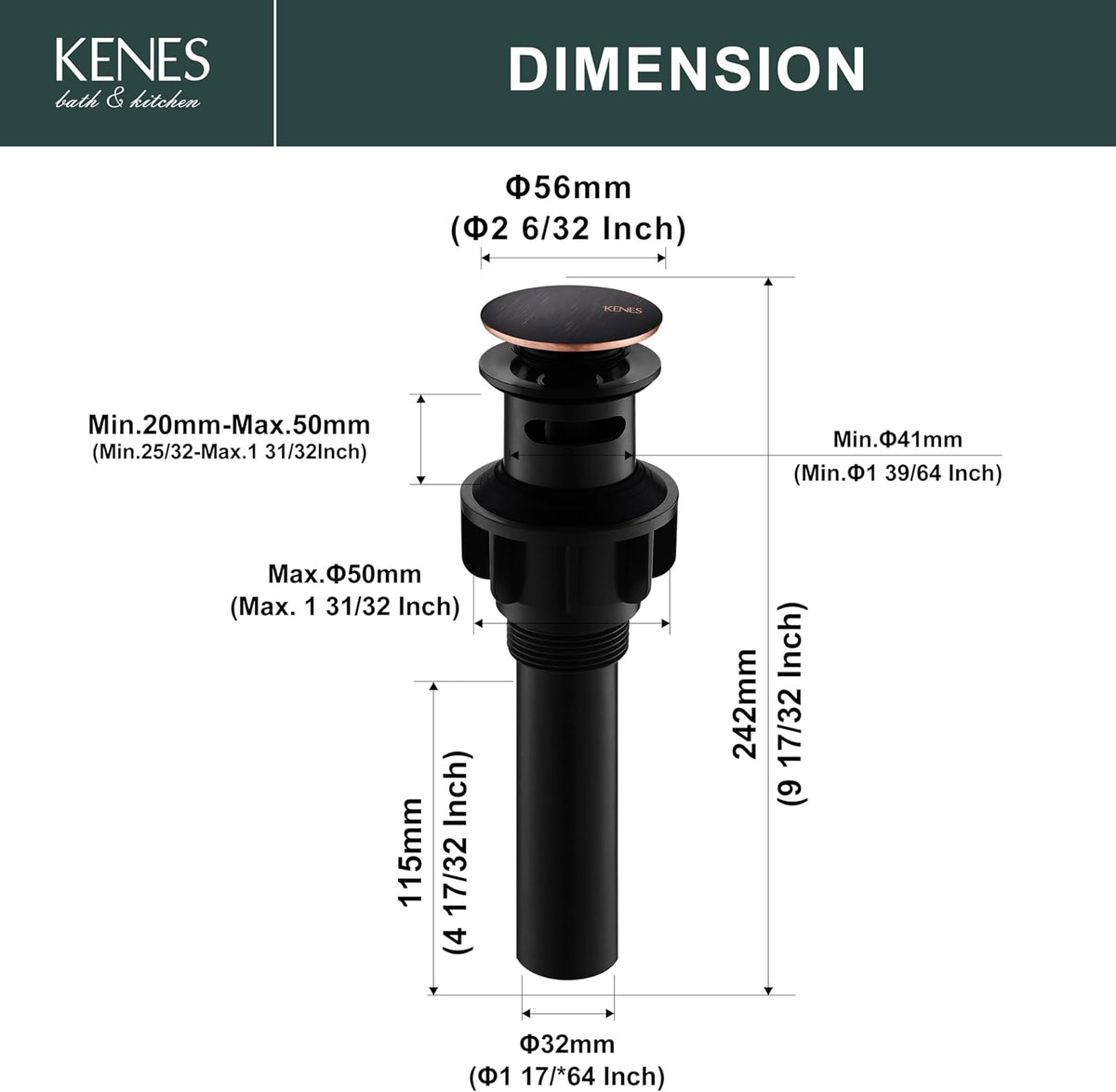 KENES Oil Rubbed Bronze Pop Up Bathroom Sink Drain with Overflow, Lavatory Bathroom Vanity Sink Drain Stopper, Sink Drain Assembly with Overflow Anti Clog Pop Up Drain