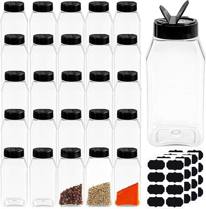 28 Pack 16 Oz Plastic Spice Jars Bottles Containers with Black Cap Empty Seasoning Bottles Large Clear Spice Shaker and Stickers for Storing Spice, Salt, Herbs