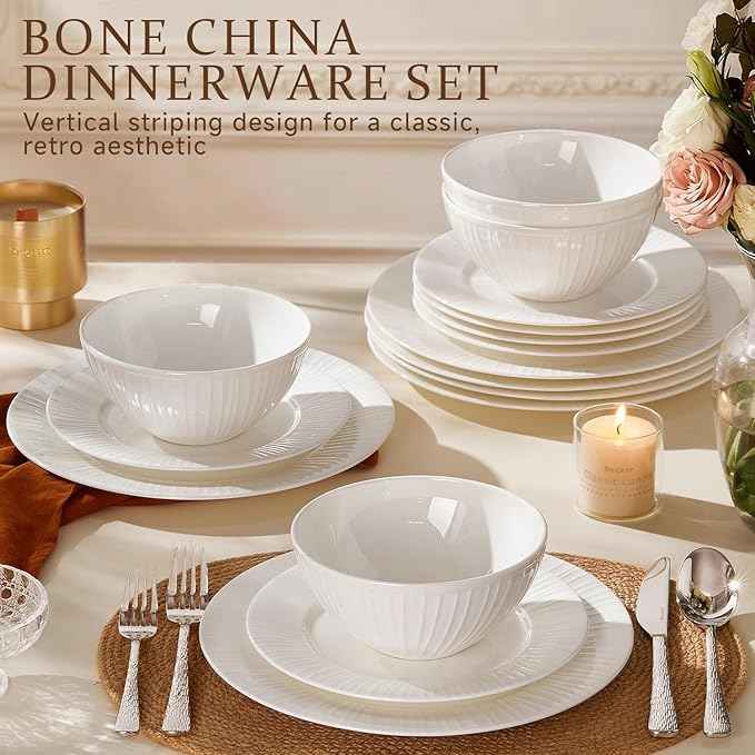 KINGSTONE Bone China Dinnerware Set, 18-Piece White Lightweight Porcelain with Textured Design Service for 6, Plates, Bowls, for Family Dining, Restaurants, Gifting，Microwave and Dishwasher Safe