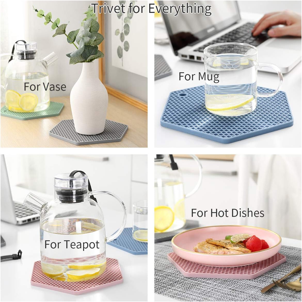 4 Packed Silicone Trivet Mats - DIY Different Size Dish Drying Mat, Hot Pot Holder for Pots & Pans, Non-Slip & Heat Resistant Kitchen Hot Pads for Countertops & Table, White