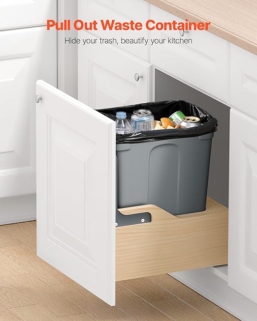 VEVOR Wood Pullout Trash Can for Kitchen Cabinets, 35 QT Garbage Waste Recycling Bin, Under Mount Waste Container, with Heavy Duty Metal Soft Close Sliding System, Door Kit, for Sink, Under Counter