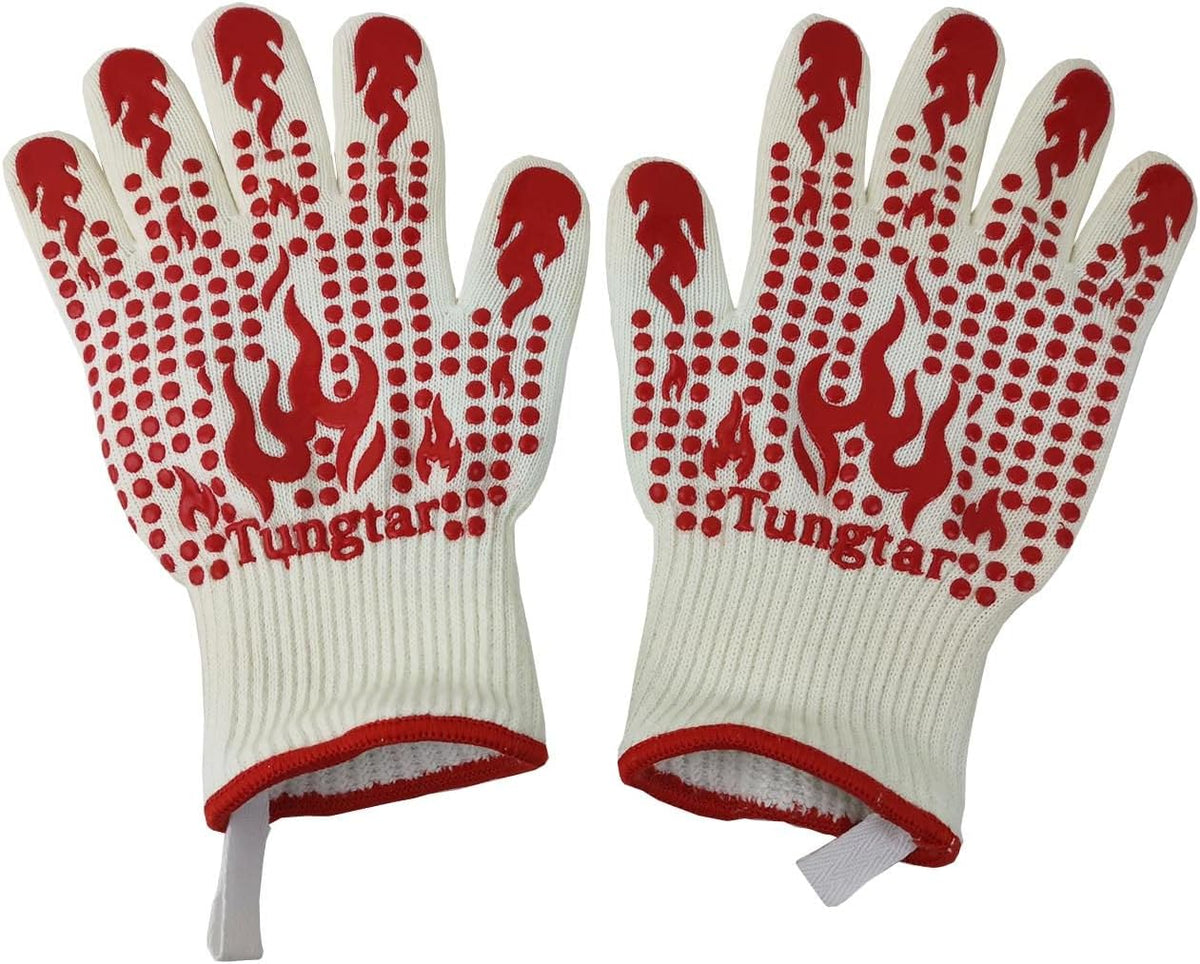 Ove Gloves mit BBQ Heat Proof Oven Mitts 11Inch 1472℉ guantes para Caliente Grill Proof Heat for Men Women BBQ Gloves Bake Gift Set Cooking Gloves for Cooking Grilling Baking Welding (White Red)
