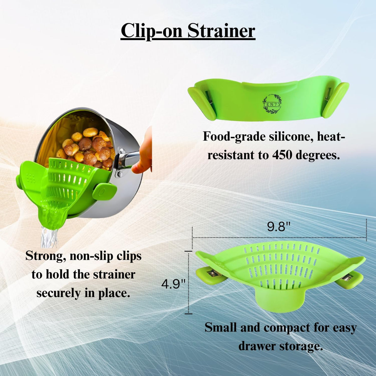 Collapsible Colander | Over the sink silicone kitchen strainer and collander with extendable handle | Clip-on silicone strainers for pots and pans|