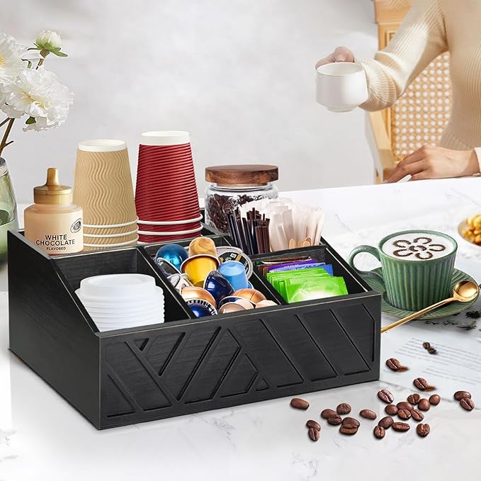ugiftt Coffee Station Organizer for Counter, Wood Coffee Pods Holder Storage Basket, Tea Condiment Storage Organizer, Rustic Bar Decor for Accessories Organizer