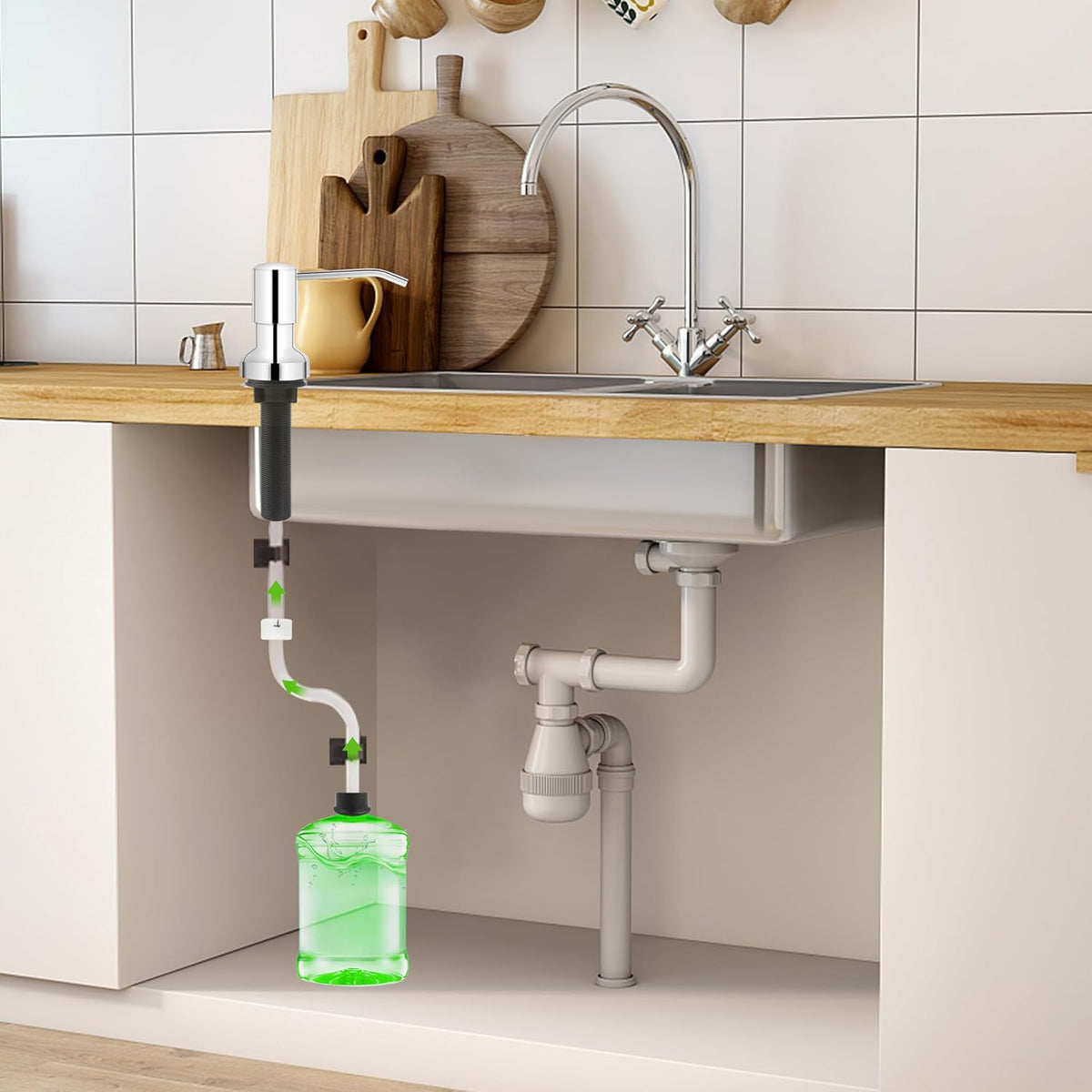 Soap Dispenser for Kitchen Sink, Sink Soap Dispenser with Longer Threaded Shaft Shank, 47" Extension Tube Connects Directly to Dish Soap Container, Wider Pump Head Base（Chrome）