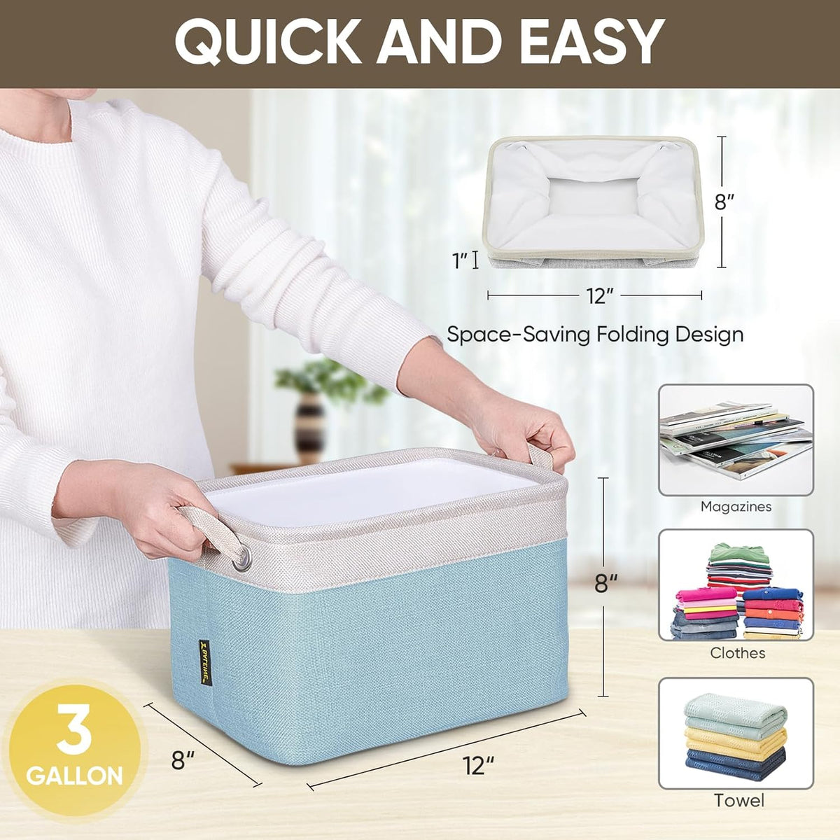 BALEINE 4 Pack Fabric Storage Bins for Shelves, Linen Storage Baskets for Organizing, Decorative Closet Bins for Clothes, Home (Skyblue, 12"x8"x8")